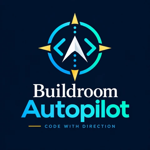 Buildroom Autopilot logo with a compass and code brackets.