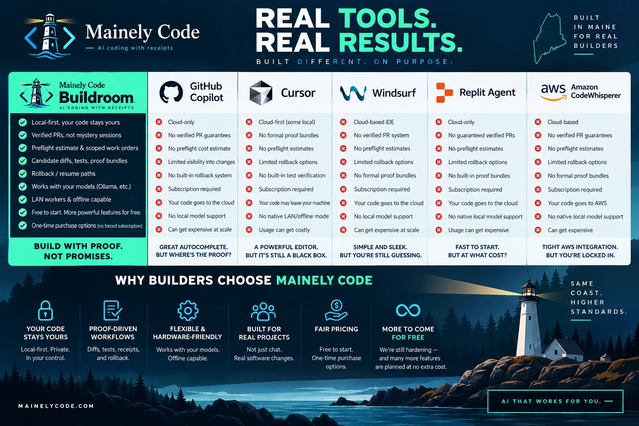Mainely Code infographic titled Real Tools. Real Results. comparing Buildroom with GitHub Copilot, Cursor, Windsurf, Replit Agent, and Amazon CodeWhisperer, followed by six reasons builders choose Mainely Code.