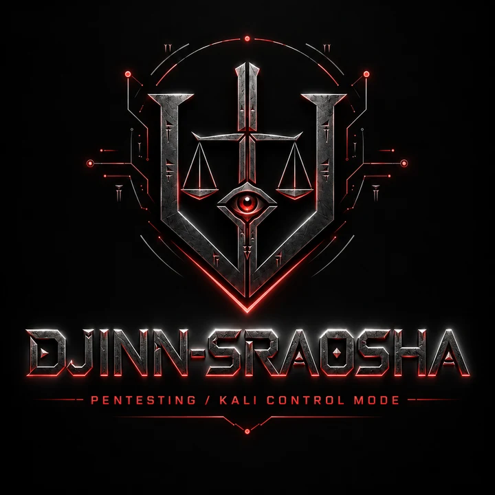 Approved DJINN-SRAOSHA logo: dark metallic shield, scales and eye with red accents.